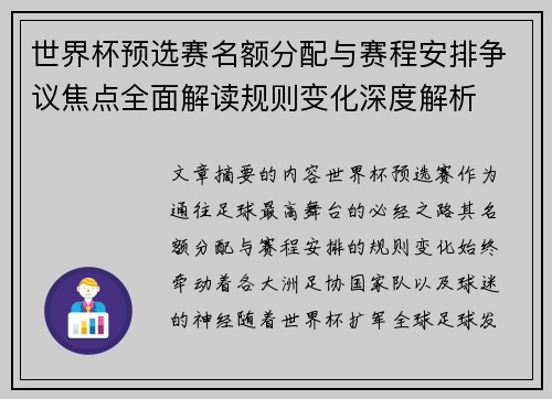 世界杯预选赛名额分配与赛程安排争议焦点全面解读规则变化深度解析